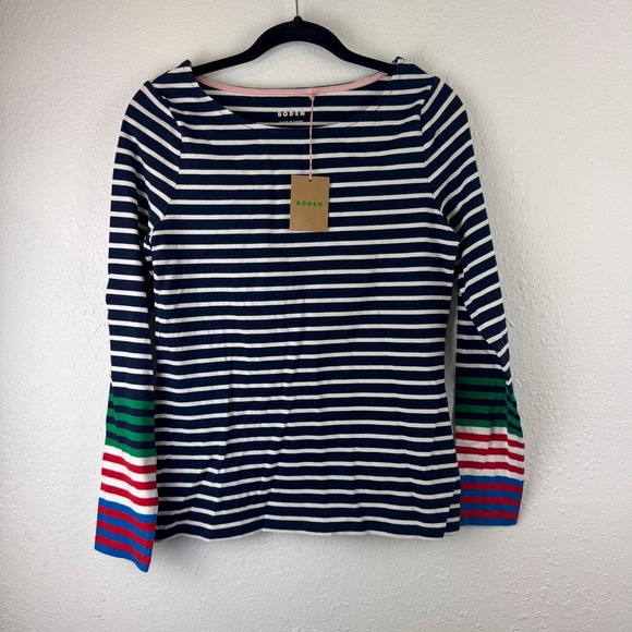 Boden Tops - Boden Womens Navy White Striped Long Sleeve Boat Neck Top Multi Color Cuff US 6